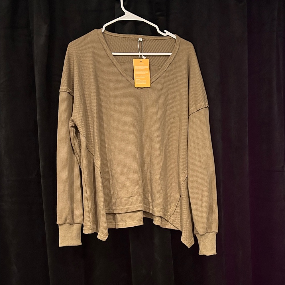 Women's Tan V-Neck Waffled Top
